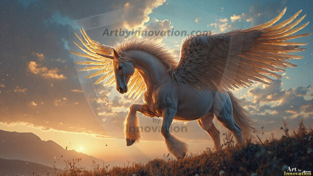 A majestic white alicorn rearing up on its hind legs atop a rocky hillside, large crimson and coral-red feathered wings spread wide, flowing cream and golden mane and tail swept by the wind, spiraling rose-pink horn, muscular luminous white coat with warm golden light, surrounded by blooming pink wildflowers in the foreground, dramatic fantasy landscape behind with a winding river fjord cutting through a misty valley, jagged mountain peaks on both sides, small rocky islands in distant water, golden sunset sky with billowing peach and amber clouds lit from beneath, small glowing red orb floating in the mid-distance left, cinematic epic fantasy atmosphere, volumetric golden light, photorealistic digital art, ultra-detailed, 8K resolution, dramatic low angle composition