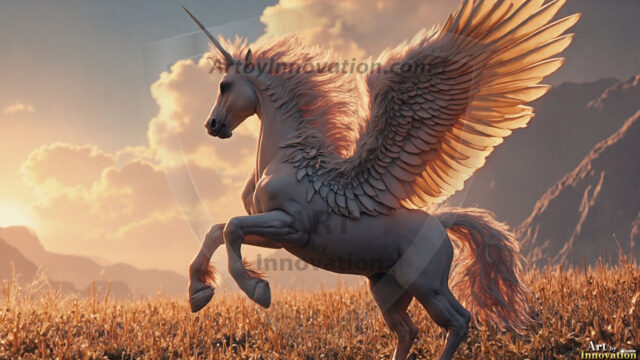 A majestic white alicorn rearing up on its hind legs atop a rocky hillside, large crimson and coral-red feathered wings spread wide, flowing cream and golden mane and tail swept by the wind, spiraling rose-pink horn, muscular luminous white coat with warm golden light, surrounded by blooming pink wildflowers in the foreground, dramatic fantasy landscape behind with a winding river fjord cutting through a misty valley, jagged mountain peaks on both sides, small rocky islands in distant water, golden sunset sky with billowing peach and amber clouds lit from beneath, small glowing red orb floating in the mid-distance left, cinematic epic fantasy atmosphere, volumetric golden light, photorealistic digital art, ultra-detailed, 8K resolution, dramatic low angle composition