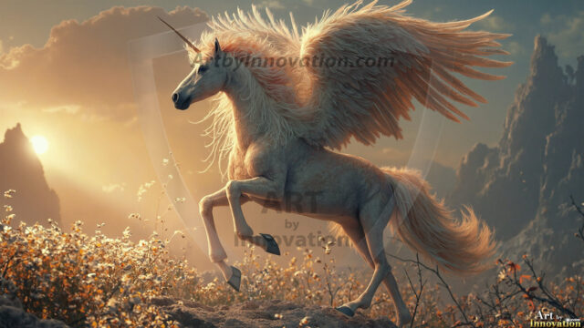 A majestic white alicorn rearing up on its hind legs atop a rocky hillside, large crimson and coral-red feathered wings spread wide, flowing cream and golden mane and tail swept by the wind, spiraling rose-pink horn, muscular luminous white coat with warm golden light, surrounded by blooming pink wildflowers in the foreground, dramatic fantasy landscape behind with a winding river fjord cutting through a misty valley, jagged mountain peaks on both sides, small rocky islands in distant water, golden sunset sky with billowing peach and amber clouds lit from beneath, small glowing red orb floating in the mid-distance left, cinematic epic fantasy atmosphere, volumetric golden light, photorealistic digital art, ultra-detailed, 8K resolution, dramatic low angle composition