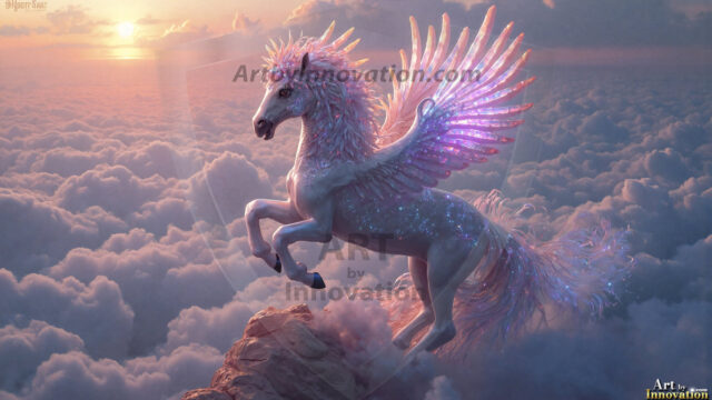 A majestic white alicorn rearing up on its hind legs atop a rocky hillside, large crimson and coral-red feathered wings spread wide, flowing cream and golden mane and tail swept by the wind, spiraling rose-pink horn, muscular luminous white coat with warm golden light, surrounded by blooming pink wildflowers in the foreground, dramatic fantasy landscape behind with a winding river fjord cutting through a misty valley, jagged mountain peaks on both sides, small rocky islands in distant water, golden sunset sky with billowing peach and amber clouds lit from beneath, small glowing red orb floating in the mid-distance left, cinematic epic fantasy atmosphere, volumetric golden light, photorealistic digital art, ultra-detailed, 8K resolution, dramatic low angle composition