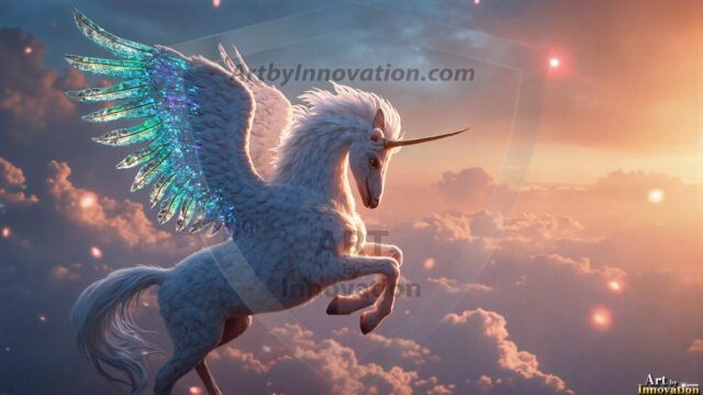 A majestic white alicorn rearing up on its hind legs atop a rocky hillside, large crimson and coral-red feathered wings spread wide, flowing cream and golden mane and tail swept by the wind, spiraling rose-pink horn, muscular luminous white coat with warm golden light, surrounded by blooming pink wildflowers in the foreground, dramatic fantasy landscape behind with a winding river fjord cutting through a misty valley, jagged mountain peaks on both sides, small rocky islands in distant water, golden sunset sky with billowing peach and amber clouds lit from beneath, small glowing red orb floating in the mid-distance left, cinematic epic fantasy atmosphere, volumetric golden light, photorealistic digital art, ultra-detailed, 8K resolution, dramatic low angle composition