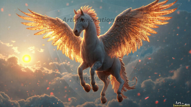 A majestic white alicorn rearing up on its hind legs atop a rocky hillside, large crimson and coral-red feathered wings spread wide, flowing cream and golden mane and tail swept by the wind, spiraling rose-pink horn, muscular luminous white coat with warm golden light, surrounded by blooming pink wildflowers in the foreground, dramatic fantasy landscape behind with a winding river fjord cutting through a misty valley, jagged mountain peaks on both sides, small rocky islands in distant water, golden sunset sky with billowing peach and amber clouds lit from beneath, small glowing red orb floating in the mid-distance left, cinematic epic fantasy atmosphere, volumetric golden light, photorealistic digital art, ultra-detailed, 8K resolution, dramatic low angle composition