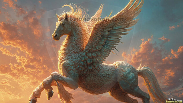 A majestic white alicorn rearing up on its hind legs atop a rocky hillside, large crimson and coral-red feathered wings spread wide, flowing cream and golden mane and tail swept by the wind, spiraling rose-pink horn, muscular luminous white coat with warm golden light, surrounded by blooming pink wildflowers in the foreground, dramatic fantasy landscape behind with a winding river fjord cutting through a misty valley, jagged mountain peaks on both sides, small rocky islands in distant water, golden sunset sky with billowing peach and amber clouds lit from beneath, small glowing red orb floating in the mid-distance left, cinematic epic fantasy atmosphere, volumetric golden light, photorealistic digital art, ultra-detailed, 8K resolution, dramatic low angle composition