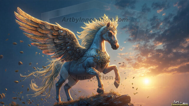 A majestic white alicorn rearing up on its hind legs atop a rocky hillside, large crimson and coral-red feathered wings spread wide, flowing cream and golden mane and tail swept by the wind, spiraling rose-pink horn, muscular luminous white coat with warm golden light, surrounded by blooming pink wildflowers in the foreground, dramatic fantasy landscape behind with a winding river fjord cutting through a misty valley, jagged mountain peaks on both sides, small rocky islands in distant water, golden sunset sky with billowing peach and amber clouds lit from beneath, small glowing red orb floating in the mid-distance left, cinematic epic fantasy atmosphere, volumetric golden light, photorealistic digital art, ultra-detailed, 8K resolution, dramatic low angle composition