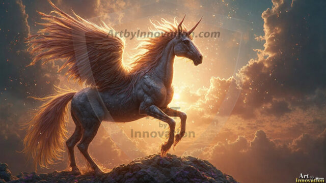 A majestic white alicorn rearing up on its hind legs atop a rocky hillside, large crimson and coral-red feathered wings spread wide, flowing cream and golden mane and tail swept by the wind, spiraling rose-pink horn, muscular luminous white coat with warm golden light, surrounded by blooming pink wildflowers in the foreground, dramatic fantasy landscape behind with a winding river fjord cutting through a misty valley, jagged mountain peaks on both sides, small rocky islands in distant water, golden sunset sky with billowing peach and amber clouds lit from beneath, small glowing red orb floating in the mid-distance left, cinematic epic fantasy atmosphere, volumetric golden light, photorealistic digital art, ultra-detailed, 8K resolution, dramatic low angle composition