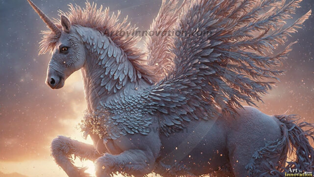 A majestic white alicorn rearing up on its hind legs atop a rocky hillside, large crimson and coral-red feathered wings spread wide, flowing cream and golden mane and tail swept by the wind, spiraling rose-pink horn, muscular luminous white coat with warm golden light, surrounded by blooming pink wildflowers in the foreground, dramatic fantasy landscape behind with a winding river fjord cutting through a misty valley, jagged mountain peaks on both sides, small rocky islands in distant water, golden sunset sky with billowing peach and amber clouds lit from beneath, small glowing red orb floating in the mid-distance left, cinematic epic fantasy atmosphere, volumetric golden light, photorealistic digital art, ultra-detailed, 8K resolution, dramatic low angle composition