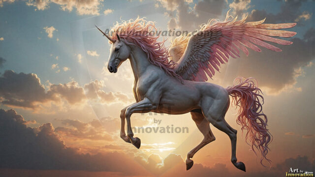 A majestic white alicorn rearing up on its hind legs atop a rocky hillside, large crimson and coral-red feathered wings spread wide, flowing cream and golden mane and tail swept by the wind, spiraling rose-pink horn, muscular luminous white coat with warm golden light, surrounded by blooming pink wildflowers in the foreground, dramatic fantasy landscape behind with a winding river fjord cutting through a misty valley, jagged mountain peaks on both sides, small rocky islands in distant water, golden sunset sky with billowing peach and amber clouds lit from beneath, small glowing red orb floating in the mid-distance left, cinematic epic fantasy atmosphere, volumetric golden light, photorealistic digital art, ultra-detailed, 8K resolution, dramatic low angle composition