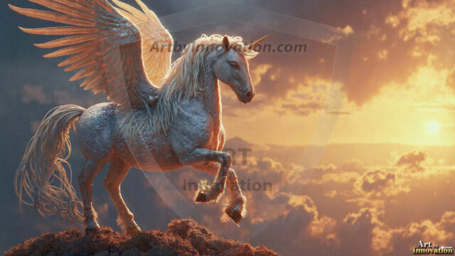 A majestic white alicorn rearing up on its hind legs atop a rocky hillside, large crimson and coral-red feathered wings spread wide, flowing cream and golden mane and tail swept by the wind, spiraling rose-pink horn, muscular luminous white coat with warm golden light, surrounded by blooming pink wildflowers in the foreground, dramatic fantasy landscape behind with a winding river fjord cutting through a misty valley, jagged mountain peaks on both sides, small rocky islands in distant water, golden sunset sky with billowing peach and amber clouds lit from beneath, small glowing red orb floating in the mid-distance left, cinematic epic fantasy atmosphere, volumetric golden light, photorealistic digital art, ultra-detailed, 8K resolution, dramatic low angle composition