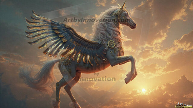 A majestic white alicorn rearing up on its hind legs atop a rocky hillside, large crimson and coral-red feathered wings spread wide, flowing cream and golden mane and tail swept by the wind, spiraling rose-pink horn, muscular luminous white coat with warm golden light, surrounded by blooming pink wildflowers in the foreground, dramatic fantasy landscape behind with a winding river fjord cutting through a misty valley, jagged mountain peaks on both sides, small rocky islands in distant water, golden sunset sky with billowing peach and amber clouds lit from beneath, small glowing red orb floating in the mid-distance left, cinematic epic fantasy atmosphere, volumetric golden light, photorealistic digital art, ultra-detailed, 8K resolution, dramatic low angle composition