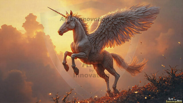 A majestic white alicorn rearing up on its hind legs atop a rocky hillside, large crimson and coral-red feathered wings spread wide, flowing cream and golden mane and tail swept by the wind, spiraling rose-pink horn, muscular luminous white coat with warm golden light, surrounded by blooming pink wildflowers in the foreground, dramatic fantasy landscape behind with a winding river fjord cutting through a misty valley, jagged mountain peaks on both sides, small rocky islands in distant water, golden sunset sky with billowing peach and amber clouds lit from beneath, small glowing red orb floating in the mid-distance left, cinematic epic fantasy atmosphere, volumetric golden light, photorealistic digital art, ultra-detailed, 8K resolution, dramatic low angle composition