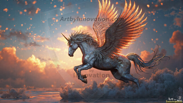 A majestic white alicorn rearing up on its hind legs atop a rocky hillside, large crimson and coral-red feathered wings spread wide, flowing cream and golden mane and tail swept by the wind, spiraling rose-pink horn, muscular luminous white coat with warm golden light, surrounded by blooming pink wildflowers in the foreground, dramatic fantasy landscape behind with a winding river fjord cutting through a misty valley, jagged mountain peaks on both sides, small rocky islands in distant water, golden sunset sky with billowing peach and amber clouds lit from beneath, small glowing red orb floating in the mid-distance left, cinematic epic fantasy atmosphere, volumetric golden light, photorealistic digital art, ultra-detailed, 8K resolution, dramatic low angle composition