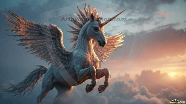 A majestic white alicorn rearing up on its hind legs atop a rocky hillside, large crimson and coral-red feathered wings spread wide, flowing cream and golden mane and tail swept by the wind, spiraling rose-pink horn, muscular luminous white coat with warm golden light, surrounded by blooming pink wildflowers in the foreground, dramatic fantasy landscape behind with a winding river fjord cutting through a misty valley, jagged mountain peaks on both sides, small rocky islands in distant water, golden sunset sky with billowing peach and amber clouds lit from beneath, small glowing red orb floating in the mid-distance left, cinematic epic fantasy atmosphere, volumetric golden light, photorealistic digital art, ultra-detailed, 8K resolution, dramatic low angle composition