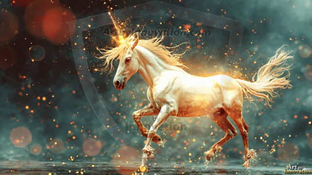 A majestic white alicorn rearing up on its hind legs atop a rocky hillside, large crimson and coral-red feathered wings spread wide, flowing cream and golden mane and tail swept by the wind, spiraling rose-pink horn, muscular luminous white coat with warm golden light, surrounded by blooming pink wildflowers in the foreground, dramatic fantasy landscape behind with a winding river fjord cutting through a misty valley, jagged mountain peaks on both sides, small rocky islands in distant water, golden sunset sky with billowing peach and amber clouds lit from beneath, small glowing red orb floating in the mid-distance left, cinematic epic fantasy atmosphere, volumetric golden light, photorealistic digital art, ultra-detailed, 8K resolution, dramatic low angle composition