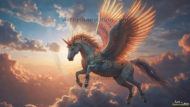 A majestic white alicorn rearing up on its hind legs atop a rocky hillside, large crimson and coral-red feathered wings spread wide, flowing cream and golden mane and tail swept by the wind, spiraling rose-pink horn, muscular luminous white coat with warm golden light, surrounded by blooming pink wildflowers in the foreground, dramatic fantasy landscape behind with a winding river fjord cutting through a misty valley, jagged mountain peaks on both sides, small rocky islands in distant water, golden sunset sky with billowing peach and amber clouds lit from beneath, small glowing red orb floating in the mid-distance left, cinematic epic fantasy atmosphere, volumetric golden light, photorealistic digital art, ultra-detailed, 8K resolution, dramatic low angle composition