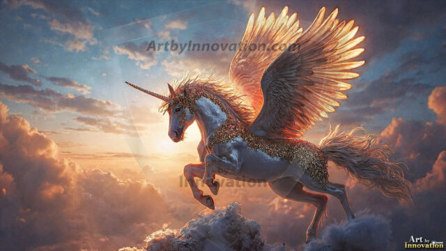 A majestic white alicorn rearing up on its hind legs atop a rocky hillside, large crimson and coral-red feathered wings spread wide, flowing cream and golden mane and tail swept by the wind, spiraling rose-pink horn, muscular luminous white coat with warm golden light, surrounded by blooming pink wildflowers in the foreground, dramatic fantasy landscape behind with a winding river fjord cutting through a misty valley, jagged mountain peaks on both sides, small rocky islands in distant water, golden sunset sky with billowing peach and amber clouds lit from beneath, small glowing red orb floating in the mid-distance left, cinematic epic fantasy atmosphere, volumetric golden light, photorealistic digital art, ultra-detailed, 8K resolution, dramatic low angle composition