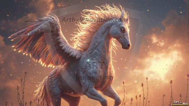 A majestic white alicorn rearing up on its hind legs atop a rocky hillside, large crimson and coral-red feathered wings spread wide, flowing cream and golden mane and tail swept by the wind, spiraling rose-pink horn, muscular luminous white coat with warm golden light, surrounded by blooming pink wildflowers in the foreground, dramatic fantasy landscape behind with a winding river fjord cutting through a misty valley, jagged mountain peaks on both sides, small rocky islands in distant water, golden sunset sky with billowing peach and amber clouds lit from beneath, small glowing red orb floating in the mid-distance left, cinematic epic fantasy atmosphere, volumetric golden light, photorealistic digital art, ultra-detailed, 8K resolution, dramatic low angle composition