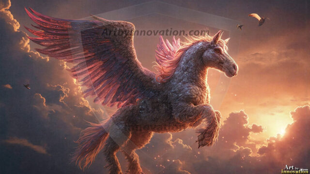 A majestic white alicorn rearing up on its hind legs atop a rocky hillside, large crimson and coral-red feathered wings spread wide, flowing cream and golden mane and tail swept by the wind, spiraling rose-pink horn, muscular luminous white coat with warm golden light, surrounded by blooming pink wildflowers in the foreground, dramatic fantasy landscape behind with a winding river fjord cutting through a misty valley, jagged mountain peaks on both sides, small rocky islands in distant water, golden sunset sky with billowing peach and amber clouds lit from beneath, small glowing red orb floating in the mid-distance left, cinematic epic fantasy atmosphere, volumetric golden light, photorealistic digital art, ultra-detailed, 8K resolution, dramatic low angle composition