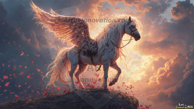 A majestic white alicorn rearing up on its hind legs atop a rocky hillside, large crimson and coral-red feathered wings spread wide, flowing cream and golden mane and tail swept by the wind, spiraling rose-pink horn, muscular luminous white coat with warm golden light, surrounded by blooming pink wildflowers in the foreground, dramatic fantasy landscape behind with a winding river fjord cutting through a misty valley, jagged mountain peaks on both sides, small rocky islands in distant water, golden sunset sky with billowing peach and amber clouds lit from beneath, small glowing red orb floating in the mid-distance left, cinematic epic fantasy atmosphere, volumetric golden light, photorealistic digital art, ultra-detailed, 8K resolution, dramatic low angle composition