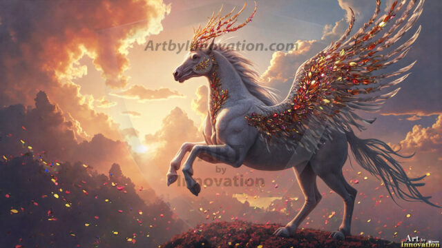 A majestic white alicorn rearing up on its hind legs atop a rocky hillside, large crimson and coral-red feathered wings spread wide, flowing cream and golden mane and tail swept by the wind, spiraling rose-pink horn, muscular luminous white coat with warm golden light, surrounded by blooming pink wildflowers in the foreground, dramatic fantasy landscape behind with a winding river fjord cutting through a misty valley, jagged mountain peaks on both sides, small rocky islands in distant water, golden sunset sky with billowing peach and amber clouds lit from beneath, small glowing red orb floating in the mid-distance left, cinematic epic fantasy atmosphere, volumetric golden light, photorealistic digital art, ultra-detailed, 8K resolution, dramatic low angle composition