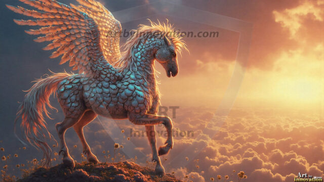 A majestic white alicorn rearing up on its hind legs atop a rocky hillside, large crimson and coral-red feathered wings spread wide, flowing cream and golden mane and tail swept by the wind, spiraling rose-pink horn, muscular luminous white coat with warm golden light, surrounded by blooming pink wildflowers in the foreground, dramatic fantasy landscape behind with a winding river fjord cutting through a misty valley, jagged mountain peaks on both sides, small rocky islands in distant water, golden sunset sky with billowing peach and amber clouds lit from beneath, small glowing red orb floating in the mid-distance left, cinematic epic fantasy atmosphere, volumetric golden light, photorealistic digital art, ultra-detailed, 8K resolution, dramatic low angle composition