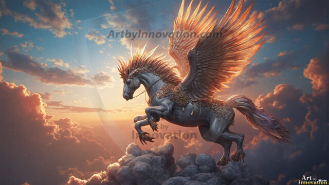 A majestic white alicorn rearing up on its hind legs atop a rocky hillside, large crimson and coral-red feathered wings spread wide, flowing cream and golden mane and tail swept by the wind, spiraling rose-pink horn, muscular luminous white coat with warm golden light, surrounded by blooming pink wildflowers in the foreground, dramatic fantasy landscape behind with a winding river fjord cutting through a misty valley, jagged mountain peaks on both sides, small rocky islands in distant water, golden sunset sky with billowing peach and amber clouds lit from beneath, small glowing red orb floating in the mid-distance left, cinematic epic fantasy atmosphere, volumetric golden light, photorealistic digital art, ultra-detailed, 8K resolution, dramatic low angle composition