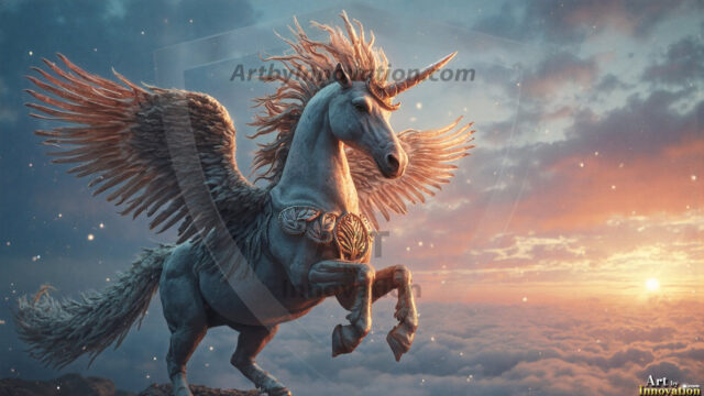 A majestic white alicorn rearing up on its hind legs atop a rocky hillside, large crimson and coral-red feathered wings spread wide, flowing cream and golden mane and tail swept by the wind, spiraling rose-pink horn, muscular luminous white coat with warm golden light, surrounded by blooming pink wildflowers in the foreground, dramatic fantasy landscape behind with a winding river fjord cutting through a misty valley, jagged mountain peaks on both sides, small rocky islands in distant water, golden sunset sky with billowing peach and amber clouds lit from beneath, small glowing red orb floating in the mid-distance left, cinematic epic fantasy atmosphere, volumetric golden light, photorealistic digital art, ultra-detailed, 8K resolution, dramatic low angle composition