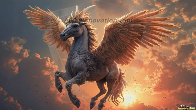 A majestic white alicorn rearing up on its hind legs atop a rocky hillside, large crimson and coral-red feathered wings spread wide, flowing cream and golden mane and tail swept by the wind, spiraling rose-pink horn, muscular luminous white coat with warm golden light, surrounded by blooming pink wildflowers in the foreground, dramatic fantasy landscape behind with a winding river fjord cutting through a misty valley, jagged mountain peaks on both sides, small rocky islands in distant water, golden sunset sky with billowing peach and amber clouds lit from beneath, small glowing red orb floating in the mid-distance left, cinematic epic fantasy atmosphere, volumetric golden light, photorealistic digital art, ultra-detailed, 8K resolution, dramatic low angle composition