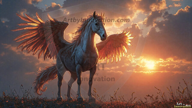 A majestic white alicorn rearing up on its hind legs atop a rocky hillside, large crimson and coral-red feathered wings spread wide, flowing cream and golden mane and tail swept by the wind, spiraling rose-pink horn, muscular luminous white coat with warm golden light, surrounded by blooming pink wildflowers in the foreground, dramatic fantasy landscape behind with a winding river fjord cutting through a misty valley, jagged mountain peaks on both sides, small rocky islands in distant water, golden sunset sky with billowing peach and amber clouds lit from beneath, small glowing red orb floating in the mid-distance left, cinematic epic fantasy atmosphere, volumetric golden light, photorealistic digital art, ultra-detailed, 8K resolution, dramatic low angle composition