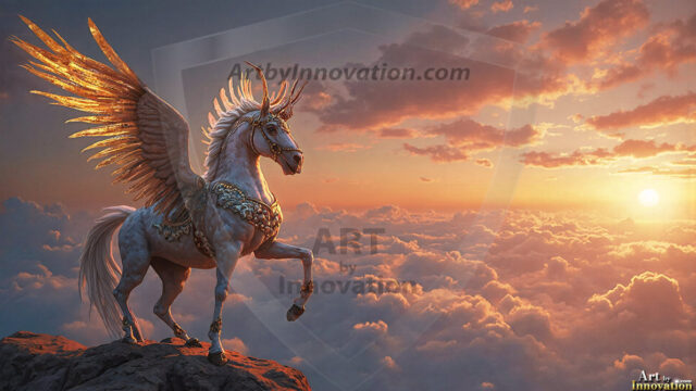 A majestic white alicorn rearing up on its hind legs atop a rocky hillside, large crimson and coral-red feathered wings spread wide, flowing cream and golden mane and tail swept by the wind, spiraling rose-pink horn, muscular luminous white coat with warm golden light, surrounded by blooming pink wildflowers in the foreground, dramatic fantasy landscape behind with a winding river fjord cutting through a misty valley, jagged mountain peaks on both sides, small rocky islands in distant water, golden sunset sky with billowing peach and amber clouds lit from beneath, small glowing red orb floating in the mid-distance left, cinematic epic fantasy atmosphere, volumetric golden light, photorealistic digital art, ultra-detailed, 8K resolution, dramatic low angle composition