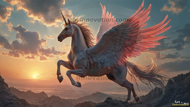 A majestic white alicorn rearing up on its hind legs atop a rocky hillside, large crimson and coral-red feathered wings spread wide, flowing cream and golden mane and tail swept by the wind, spiraling rose-pink horn, muscular luminous white coat with warm golden light, surrounded by blooming pink wildflowers in the foreground, dramatic fantasy landscape behind with a winding river fjord cutting through a misty valley, jagged mountain peaks on both sides, small rocky islands in distant water, golden sunset sky with billowing peach and amber clouds lit from beneath, small glowing red orb floating in the mid-distance left, cinematic epic fantasy atmosphere, volumetric golden light, photorealistic digital art, ultra-detailed, 8K resolution, dramatic low angle composition