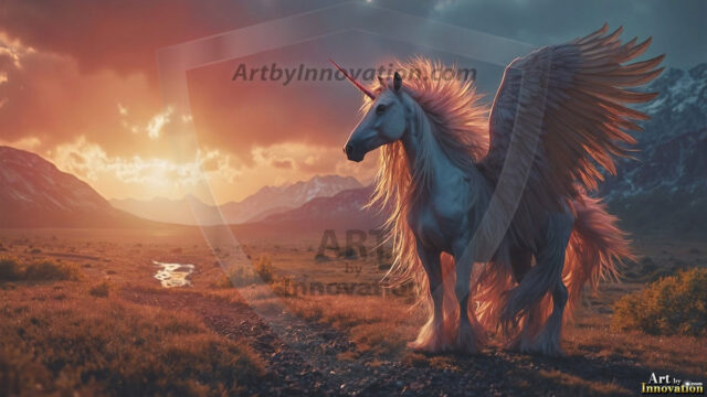 A majestic white alicorn rearing up on its hind legs atop a rocky hillside, large crimson and coral-red feathered wings spread wide, flowing cream and golden mane and tail swept by the wind, spiraling rose-pink horn, muscular luminous white coat with warm golden light, surrounded by blooming pink wildflowers in the foreground, dramatic fantasy landscape behind with a winding river fjord cutting through a misty valley, jagged mountain peaks on both sides, small rocky islands in distant water, golden sunset sky with billowing peach and amber clouds lit from beneath, small glowing red orb floating in the mid-distance left, cinematic epic fantasy atmosphere, volumetric golden light, photorealistic digital art, ultra-detailed, 8K resolution, dramatic low angle composition
