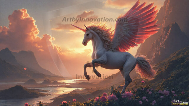 A majestic white alicorn rearing up on its hind legs atop a rocky hillside, large crimson and coral-red feathered wings spread wide, flowing cream and golden mane and tail swept by the wind, spiraling rose-pink horn, muscular luminous white coat with warm golden light, surrounded by blooming pink wildflowers in the foreground, dramatic fantasy landscape behind with a winding river fjord cutting through a misty valley, jagged mountain peaks on both sides, small rocky islands in distant water, golden sunset sky with billowing peach and amber clouds lit from beneath, small glowing red orb floating in the mid-distance left, cinematic epic fantasy atmosphere, volumetric golden light, photorealistic digital art, ultra-detailed, 8K resolution, dramatic low angle composition