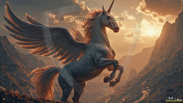 A majestic white alicorn rearing up on its hind legs atop a rocky hillside, large crimson and coral-red feathered wings spread wide, flowing cream and golden mane and tail swept by the wind, spiraling rose-pink horn, muscular luminous white coat with warm golden light, surrounded by blooming pink wildflowers in the foreground, dramatic fantasy landscape behind with a winding river fjord cutting through a misty valley, jagged mountain peaks on both sides, small rocky islands in distant water, golden sunset sky with billowing peach and amber clouds lit from beneath, small glowing red orb floating in the mid-distance left, cinematic epic fantasy atmosphere, volumetric golden light, photorealistic digital art, ultra-detailed, 8K resolution, dramatic low angle composition