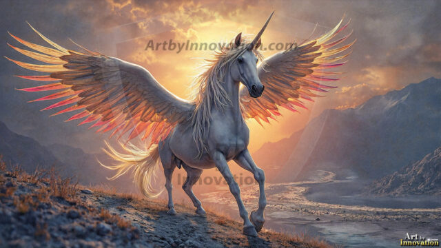 A majestic white alicorn rearing up on its hind legs atop a rocky hillside, large crimson and coral-red feathered wings spread wide, flowing cream and golden mane and tail swept by the wind, spiraling rose-pink horn, muscular luminous white coat with warm golden light, surrounded by blooming pink wildflowers in the foreground, dramatic fantasy landscape behind with a winding river fjord cutting through a misty valley, jagged mountain peaks on both sides, small rocky islands in distant water, golden sunset sky with billowing peach and amber clouds lit from beneath, small glowing red orb floating in the mid-distance left, cinematic epic fantasy atmosphere, volumetric golden light, photorealistic digital art, ultra-detailed, 8K resolution, dramatic low angle composition