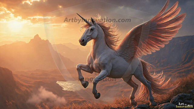 A majestic white alicorn rearing up on its hind legs atop a rocky hillside, large crimson and coral-red feathered wings spread wide, flowing cream and golden mane and tail swept by the wind, spiraling rose-pink horn, muscular luminous white coat with warm golden light, surrounded by blooming pink wildflowers in the foreground, dramatic fantasy landscape behind with a winding river fjord cutting through a misty valley, jagged mountain peaks on both sides, small rocky islands in distant water, golden sunset sky with billowing peach and amber clouds lit from beneath, small glowing red orb floating in the mid-distance left, cinematic epic fantasy atmosphere, volumetric golden light, photorealistic digital art, ultra-detailed, 8K resolution, dramatic low angle composition