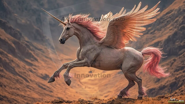 A majestic white alicorn rearing up on its hind legs atop a rocky hillside, large crimson and coral-red feathered wings spread wide, flowing cream and golden mane and tail swept by the wind, spiraling rose-pink horn, muscular luminous white coat with warm golden light, surrounded by blooming pink wildflowers in the foreground, dramatic fantasy landscape behind with a winding river fjord cutting through a misty valley, jagged mountain peaks on both sides, small rocky islands in distant water, golden sunset sky with billowing peach and amber clouds lit from beneath, small glowing red orb floating in the mid-distance left, cinematic epic fantasy atmosphere, volumetric golden light, photorealistic digital art, ultra-detailed, 8K resolution, dramatic low angle composition