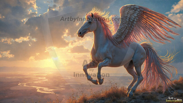 A majestic white alicorn rearing up on its hind legs atop a rocky hillside, large crimson and coral-red feathered wings spread wide, flowing cream and golden mane and tail swept by the wind, spiraling rose-pink horn, muscular luminous white coat with warm golden light, surrounded by blooming pink wildflowers in the foreground, dramatic fantasy landscape behind with a winding river fjord cutting through a misty valley, jagged mountain peaks on both sides, small rocky islands in distant water, golden sunset sky with billowing peach and amber clouds lit from beneath, small glowing red orb floating in the mid-distance left, cinematic epic fantasy atmosphere, volumetric golden light, photorealistic digital art, ultra-detailed, 8K resolution, dramatic low angle composition