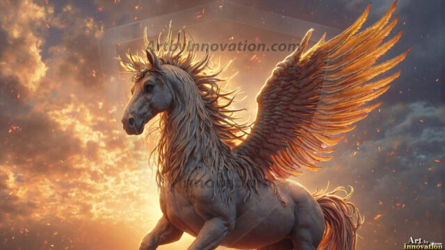 A majestic white alicorn rearing up on its hind legs atop a rocky hillside, large crimson and coral-red feathered wings spread wide, flowing cream and golden mane and tail swept by the wind, spiraling rose-pink horn, muscular luminous white coat with warm golden light, surrounded by blooming pink wildflowers in the foreground, dramatic fantasy landscape behind with a winding river fjord cutting through a misty valley, jagged mountain peaks on both sides, small rocky islands in distant water, golden sunset sky with billowing peach and amber clouds lit from beneath, small glowing red orb floating in the mid-distance left, cinematic epic fantasy atmosphere, volumetric golden light, photorealistic digital art, ultra-detailed, 8K resolution, dramatic low angle composition