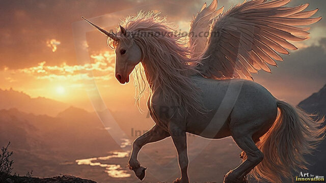 A majestic white alicorn rearing up on its hind legs atop a rocky hillside, large crimson and coral-red feathered wings spread wide, flowing cream and golden mane and tail swept by the wind, spiraling rose-pink horn, muscular luminous white coat with warm golden light, surrounded by blooming pink wildflowers in the foreground, dramatic fantasy landscape behind with a winding river fjord cutting through a misty valley, jagged mountain peaks on both sides, small rocky islands in distant water, golden sunset sky with billowing peach and amber clouds lit from beneath, small glowing red orb floating in the mid-distance left, cinematic epic fantasy atmosphere, volumetric golden light, photorealistic digital art, ultra-detailed, 8K resolution, dramatic low angle composition