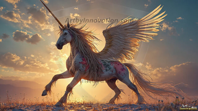A majestic white alicorn rearing up on its hind legs atop a rocky hillside, large crimson and coral-red feathered wings spread wide, flowing cream and golden mane and tail swept by the wind, spiraling rose-pink horn, muscular luminous white coat with warm golden light, surrounded by blooming pink wildflowers in the foreground, dramatic fantasy landscape behind with a winding river fjord cutting through a misty valley, jagged mountain peaks on both sides, small rocky islands in distant water, golden sunset sky with billowing peach and amber clouds lit from beneath, small glowing red orb floating in the mid-distance left, cinematic epic fantasy atmosphere, volumetric golden light, photorealistic digital art, ultra-detailed, 8K resolution, dramatic low angle composition