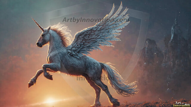A majestic white alicorn rearing up on its hind legs atop a rocky hillside, large crimson and coral-red feathered wings spread wide, flowing cream and golden mane and tail swept by the wind, spiraling rose-pink horn, muscular luminous white coat with warm golden light, surrounded by blooming pink wildflowers in the foreground, dramatic fantasy landscape behind with a winding river fjord cutting through a misty valley, jagged mountain peaks on both sides, small rocky islands in distant water, golden sunset sky with billowing peach and amber clouds lit from beneath, small glowing red orb floating in the mid-distance left, cinematic epic fantasy atmosphere, volumetric golden light, photorealistic digital art, ultra-detailed, 8K resolution, dramatic low angle composition