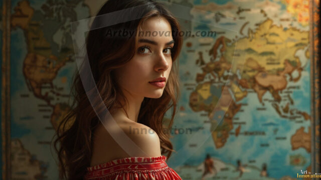 A collection of pictures of beautiful women from various locations around the world. This collection of images was created using AI and includes a mixture of real world locations, as well as fantasy settings. The image prompt was wrote to the make the background a high priority along with the model in the photograph.
