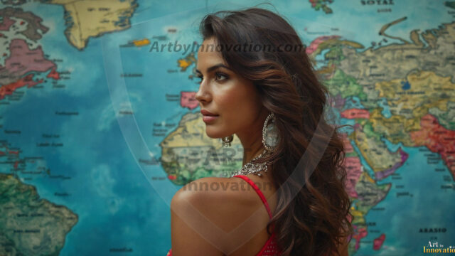 A collection of pictures of beautiful women from various locations around the world. This collection of images was created using AI and includes a mixture of real world locations, as well as fantasy settings. The image prompt was wrote to the make the background a high priority along with the model in the photograph.