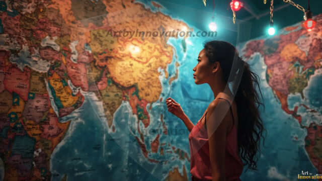 A collection of pictures of beautiful women from various locations around the world. This collection of images was created using AI and includes a mixture of real world locations, as well as fantasy settings. The image prompt was wrote to the make the background a high priority along with the model in the photograph.