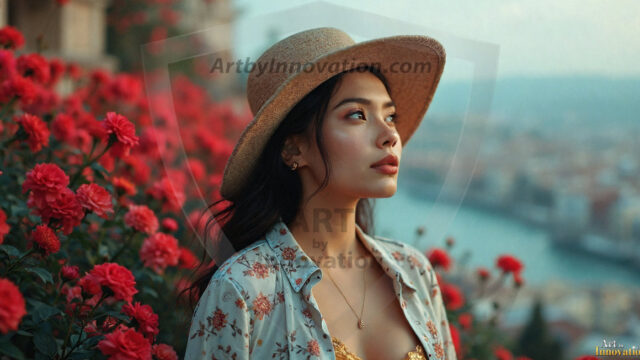 A collection of pictures of beautiful women from various locations around the world. This collection of images was created using AI and includes a mixture of real world locations, as well as fantasy settings. The image prompt was wrote to the make the background a high priority along with the model in the photograph.