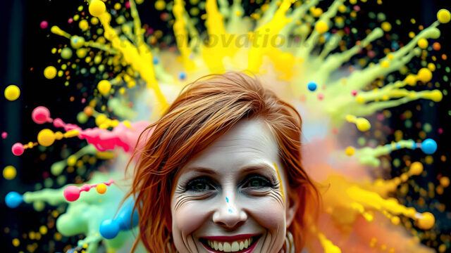 When paint attacks and makes people happy — it's Art! This AI-generated abstract art collection features beautiful, joyful ladies in vibrant swimsuits, covered in vivid body paint as colorful explosions erupt around them. Each image captures a moment of pure happiness — huge smiles, paint bombs bursting in mid-air, rainbow colors flying. Combining photorealistic skin texture with surreal abstract paint dynamics, these images are as joyful as they are stunning. Created using AI, edited in Photoshop, by © Jeff Dupler | Art by Innovation | https://www.artbyinnovation.com