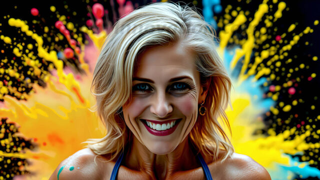 When paint attacks and makes people happy — it's Art! This AI-generated abstract art collection features beautiful, joyful ladies in vibrant swimsuits, covered in vivid body paint as colorful explosions erupt around them. Each image captures a moment of pure happiness — huge smiles, paint bombs bursting in mid-air, rainbow colors flying. Combining photorealistic skin texture with surreal abstract paint dynamics, these images are as joyful as they are stunning. Created using AI, edited in Photoshop, by © Jeff Dupler | Art by Innovation | https://www.artbyinnovation.com