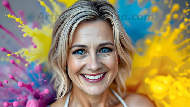 When paint attacks and makes people happy — it's Art! This AI-generated abstract art collection features beautiful, joyful ladies in vibrant swimsuits, covered in vivid body paint as colorful explosions erupt around them. Each image captures a moment of pure happiness — huge smiles, paint bombs bursting in mid-air, rainbow colors flying. Combining photorealistic skin texture with surreal abstract paint dynamics, these images are as joyful as they are stunning. Created using AI, edited in Photoshop, by © Jeff Dupler | Art by Innovation | https://www.artbyinnovation.com