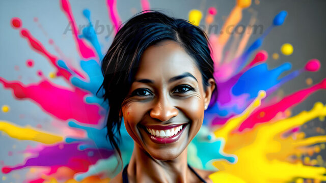 When paint attacks and makes people happy — it's Art! This AI-generated abstract art collection features beautiful, joyful ladies in vibrant swimsuits, covered in vivid body paint as colorful explosions erupt around them. Each image captures a moment of pure happiness — huge smiles, paint bombs bursting in mid-air, rainbow colors flying. Combining photorealistic skin texture with surreal abstract paint dynamics, these images are as joyful as they are stunning. Created using AI, edited in Photoshop, by © Jeff Dupler | Art by Innovation | https://www.artbyinnovation.com