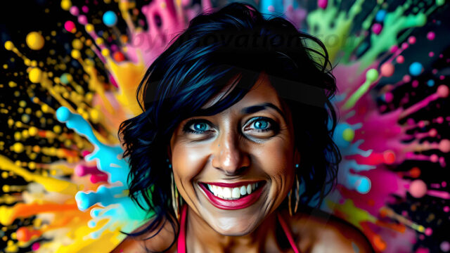 When paint attacks and makes people happy — it's Art! This AI-generated abstract art collection features beautiful, joyful ladies in vibrant swimsuits, covered in vivid body paint as colorful explosions erupt around them. Each image captures a moment of pure happiness — huge smiles, paint bombs bursting in mid-air, rainbow colors flying. Combining photorealistic skin texture with surreal abstract paint dynamics, these images are as joyful as they are stunning. Created using AI, edited in Photoshop, by © Jeff Dupler | Art by Innovation | https://www.artbyinnovation.com